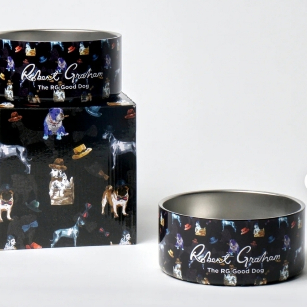 NIB Stainless Steel Dog Bowl Set By Designer Robert Graham
